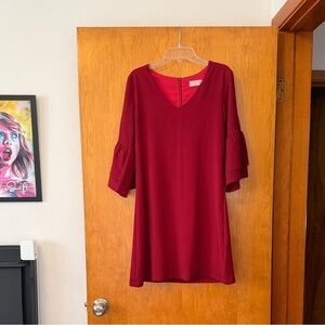 Belongsci Women's Red V-Neck Ruffle Sleeve Midi Dress Size S
